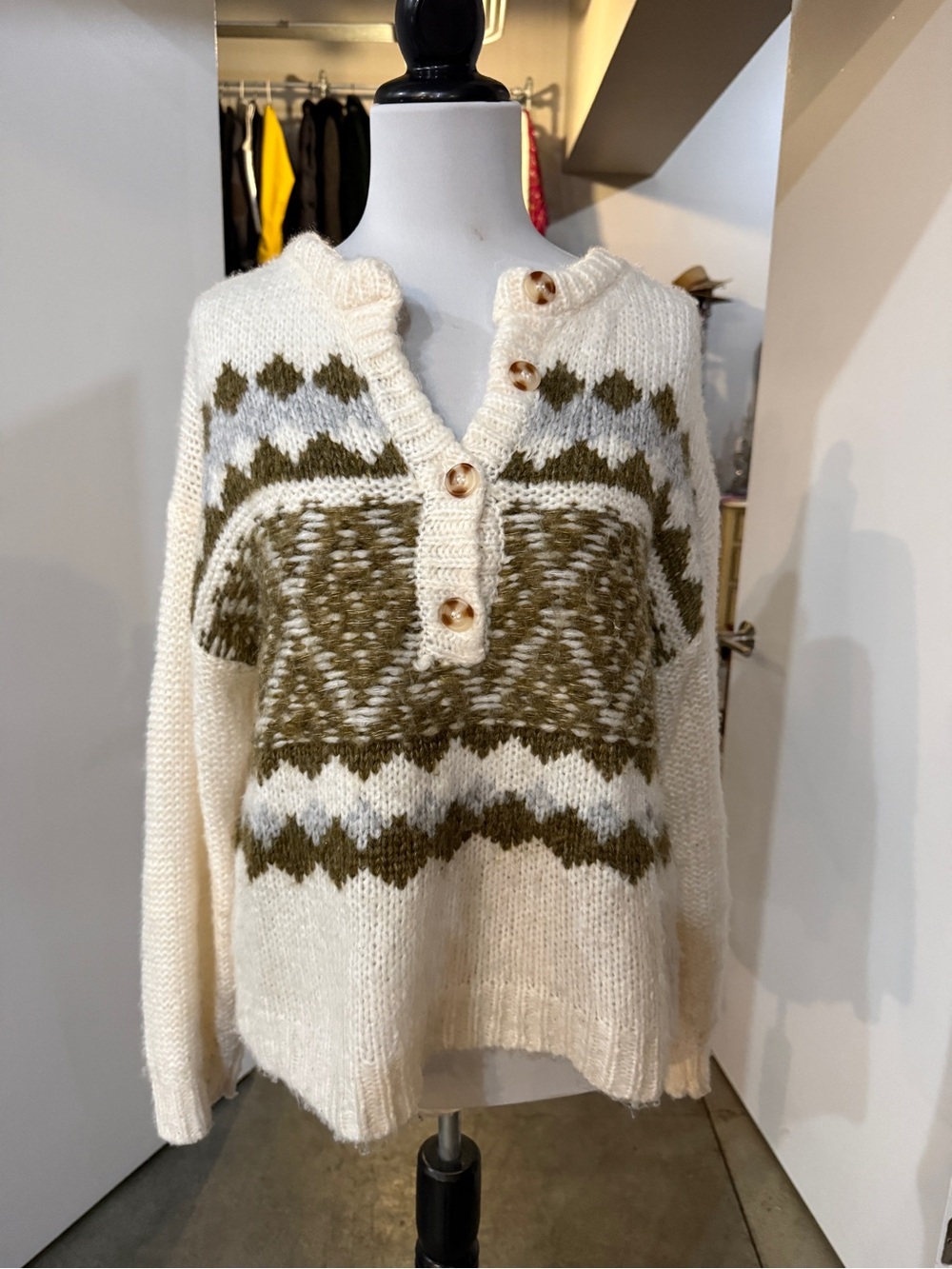 Blu Pepper Cream and Olive V-Neck Henley Sweater